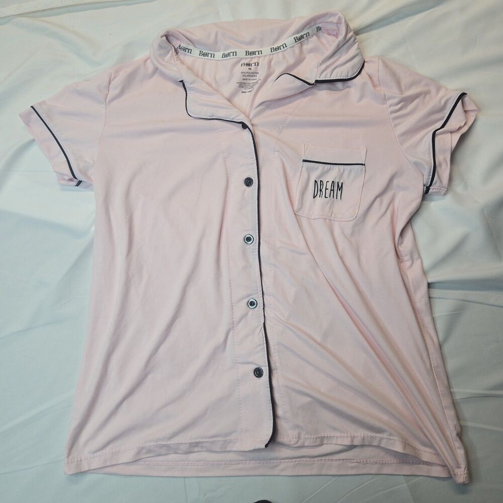 Born Womens Pajamas Button Down Sleep Shirt M Pink Dream Embroidered Soft Girl